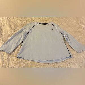 Y2K 92% Cotton Made in Canada Women’s Tommy Hilfiger Navy and Light Blue Shirt